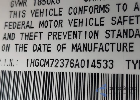 2006 Honda Accord 2.4 Lx from USA, damaged, VIN 1HGCM72376A014533